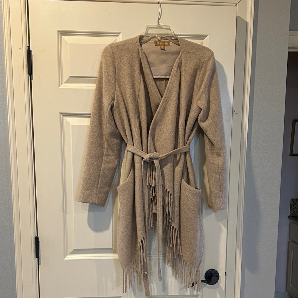 Women's Beige Belted Fringe Coat